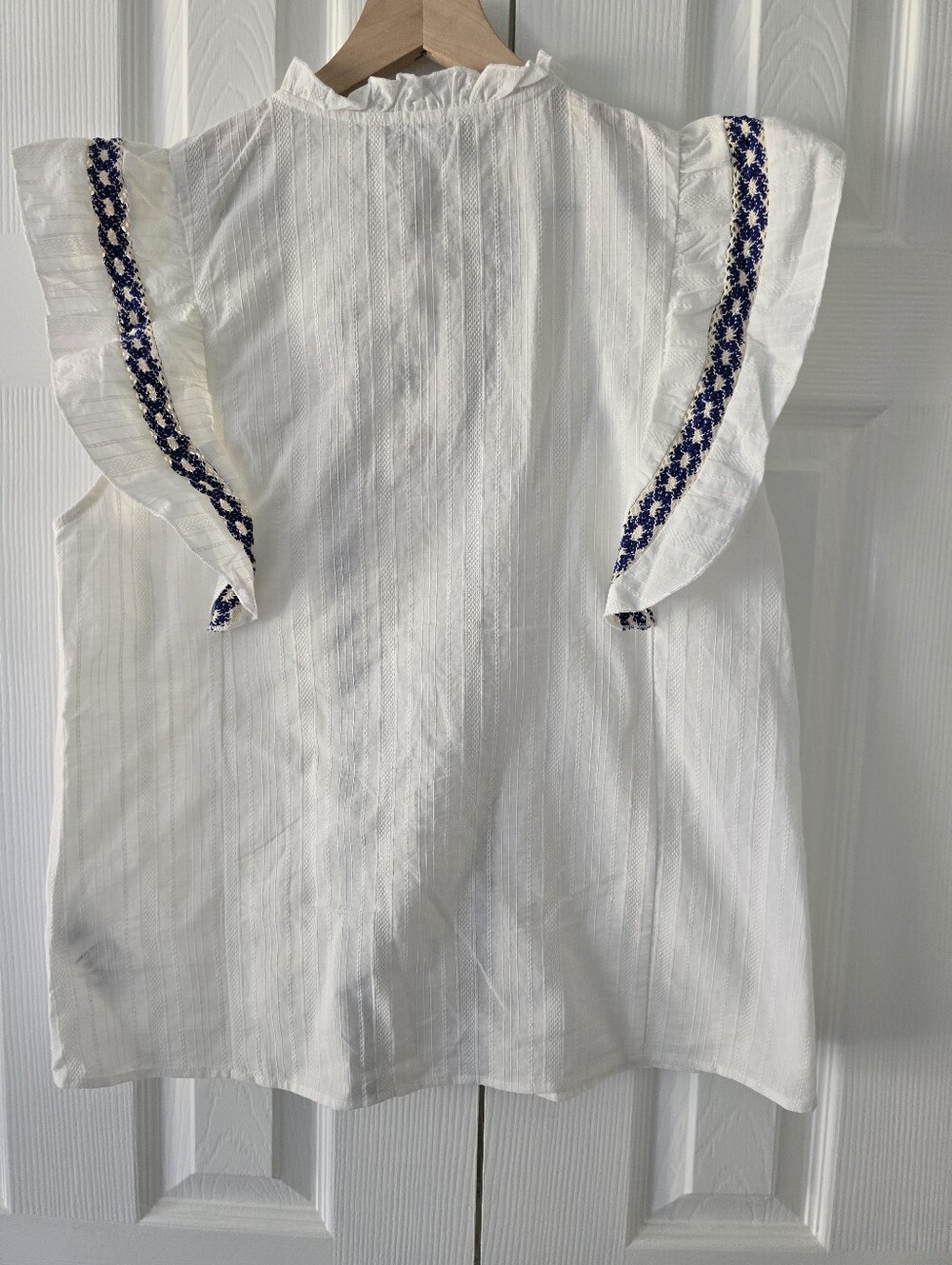 Cider Cream Sleeveless Embroidered Ruffle Top with Blue Trim - Picture 5 of 5